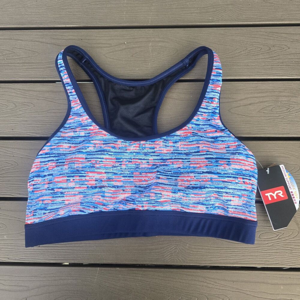 TYR Quake Lyn RacerbacK Medium Support Bikini Swim Top Blue/orange Sz L New